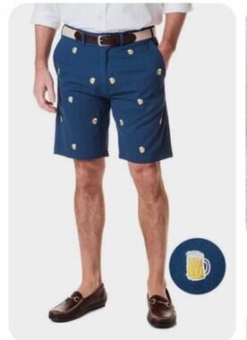 Castaway Nantucket Beer Mug Chino Shorts Blue Summer Preppy Coastal Mens 36 X 9